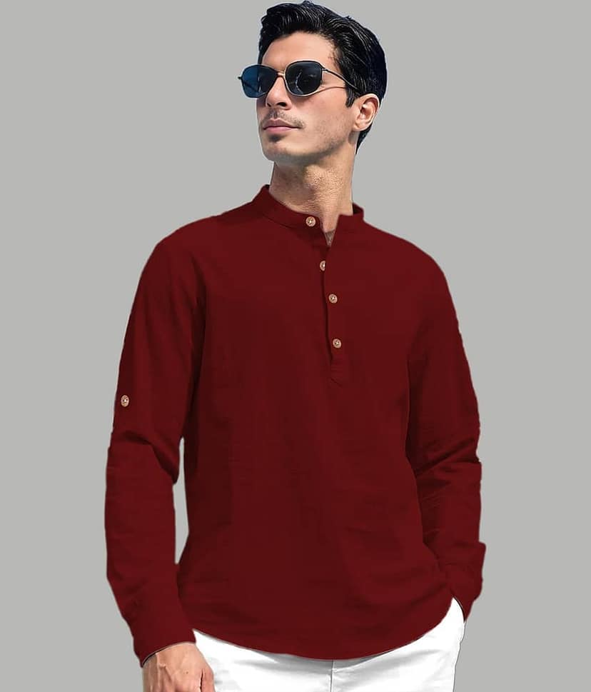 UNI VIBE Cotton Blend Plain Shirt Style Kurta For Men ( Gold )