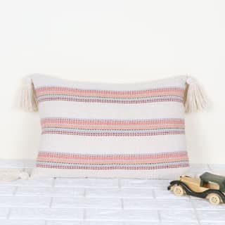 Hand Stitched Embroidery Cushion Cover | Handmade Off-White and Red Woven Tassel Pillow Cover | Rectangle Shape 14X20 Inches Cushion Cover