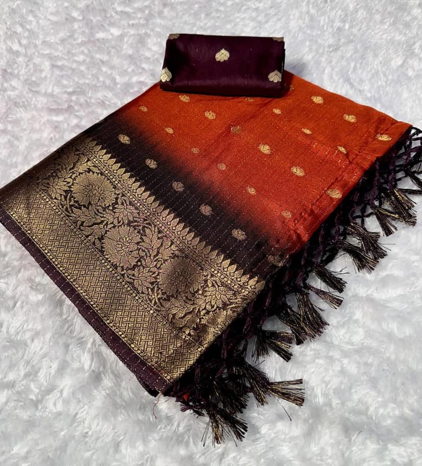Orange Black Silk Blend Saree with Zari Border