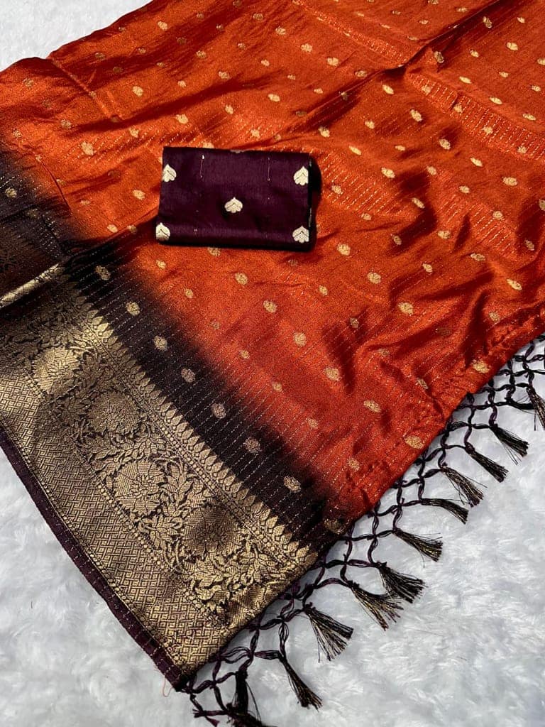 Orange Black Silk Blend Saree with Zari Border view 2