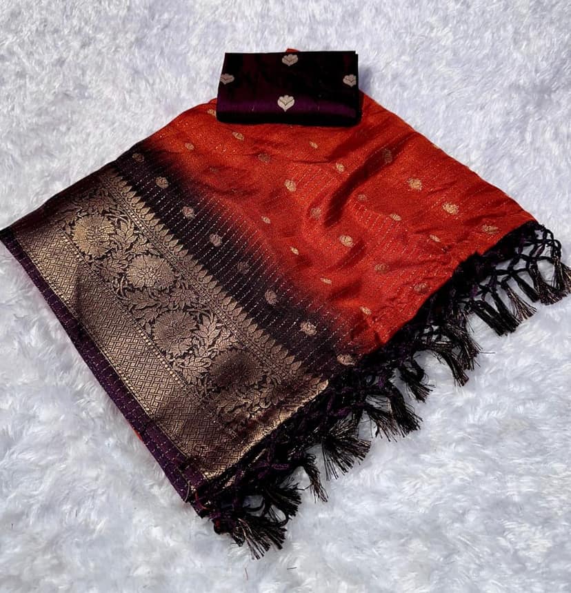 Orange Black Silk Blend Saree with Zari Border view 4