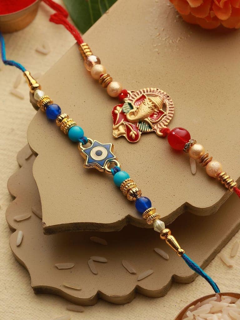 Set Of 2 Evil eye nd Ganesha Rakhi with 10 gram Shri Laxmi round 999 Round Silver Coin view 2