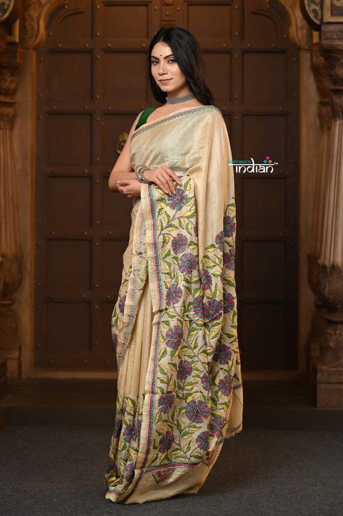 Parampara ~ Handloom Pure Silk Saree with Kantha Hand Embroidery in Ivory view 2