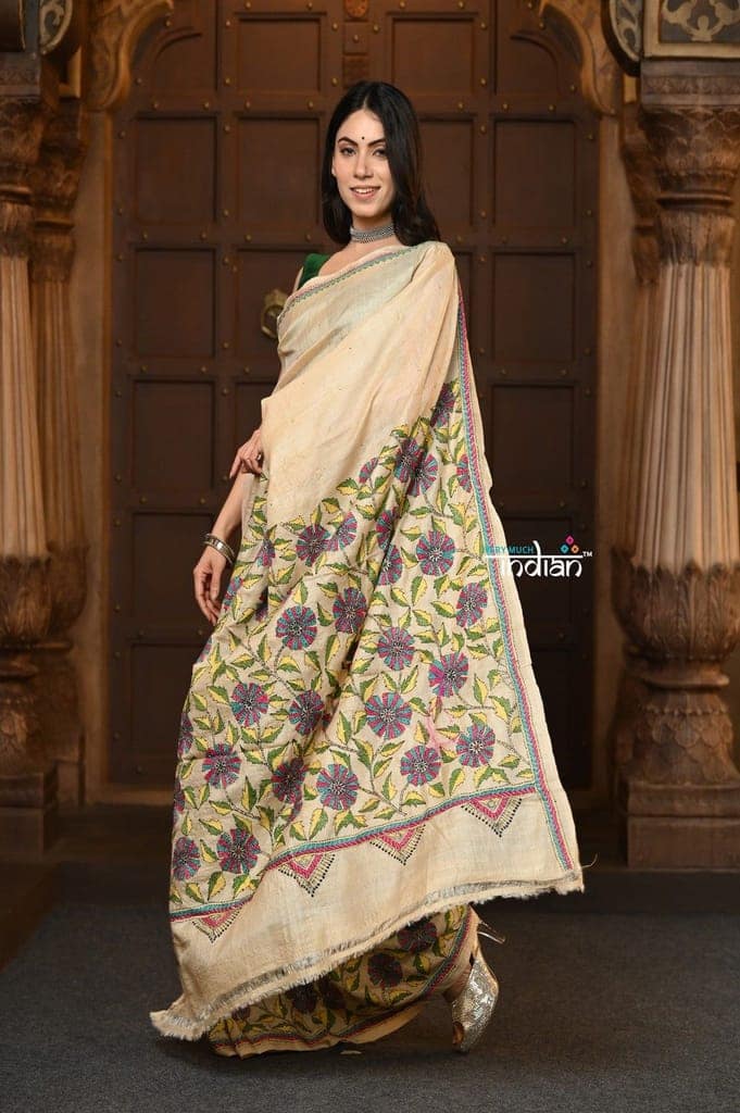 Parampara ~ Handloom Pure Silk Saree with Kantha Hand Embroidery in Ivory view 3
