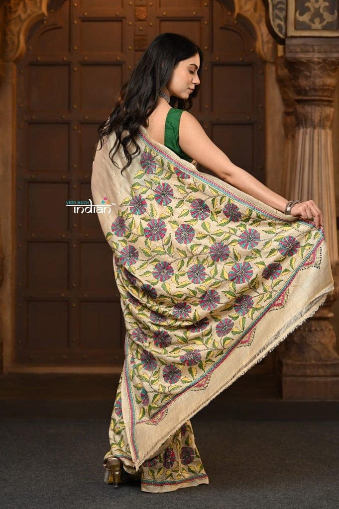 Parampara ~ Handloom Pure Silk Saree with Kantha Hand Embroidery in Ivory view 4