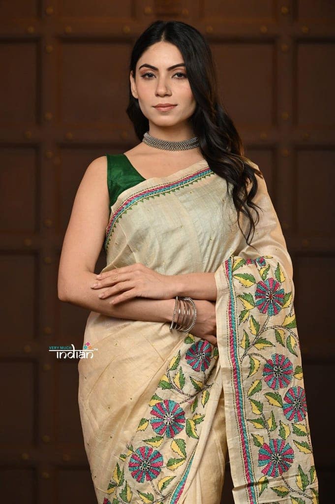 Parampara ~ Handloom Pure Silk Saree with Kantha Hand Embroidery in Ivory view 5