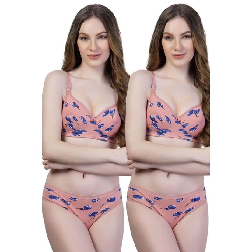 Pack of 2 Floral Print Cotton Bra Panty Set | Women�s Padded Lingerie