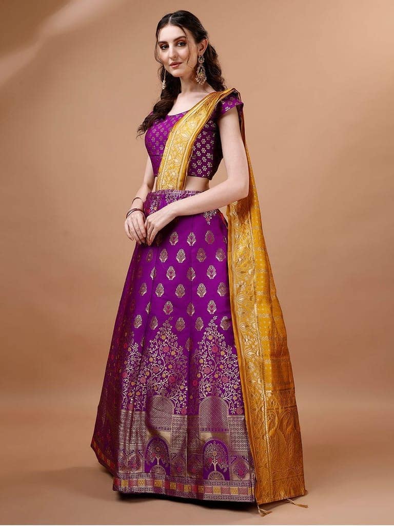 Purple & Mustard Semi-Stitched Lehenga & Unstitched Blouse With Dupatta view 2