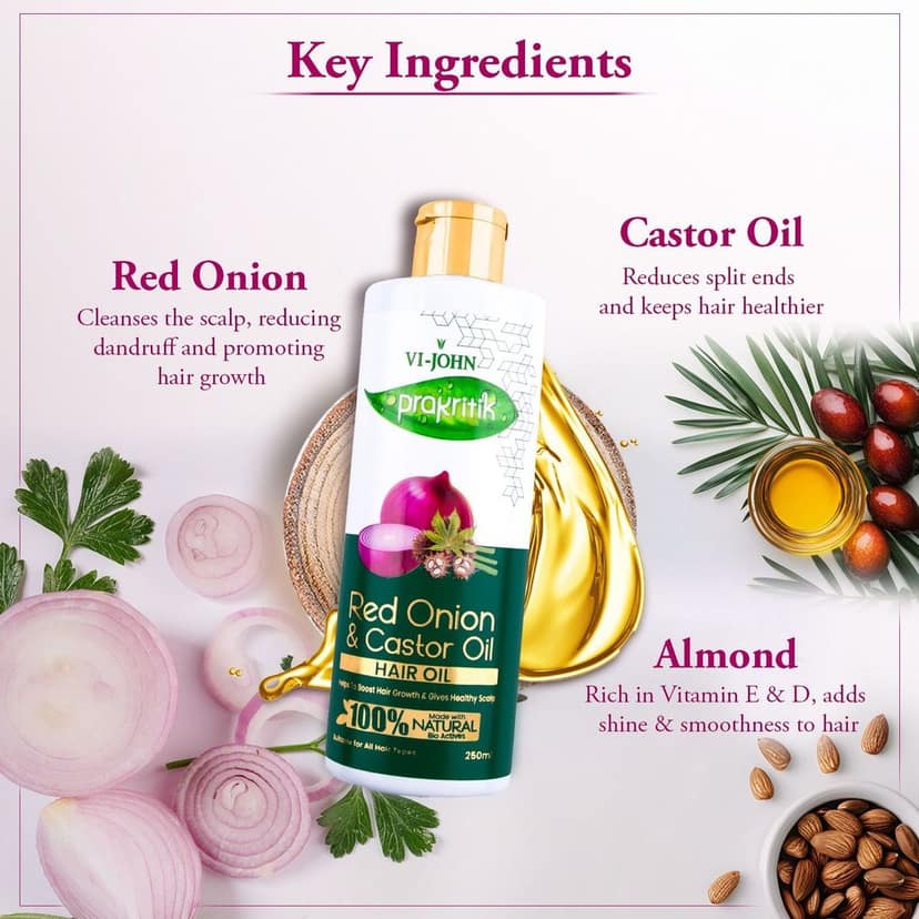 VI-JOHN PRAKRITIK Red Onion & Castor Hair Oil Helps to Boost Hair Growth, 100% Natural Bio Actives Hair Oil (250 ml) view 6