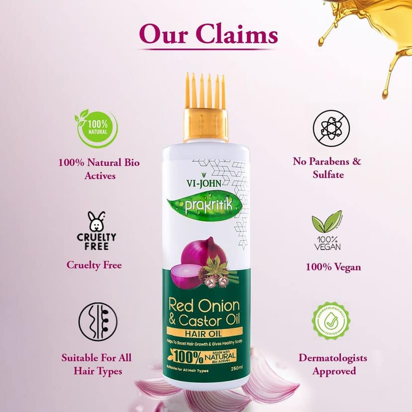 VI-JOHN PRAKRITIK Red Onion & Castor Hair Oil Helps to Boost Hair Growth, 100% Natural Bio Actives Hair Oil (250 ml) view 7