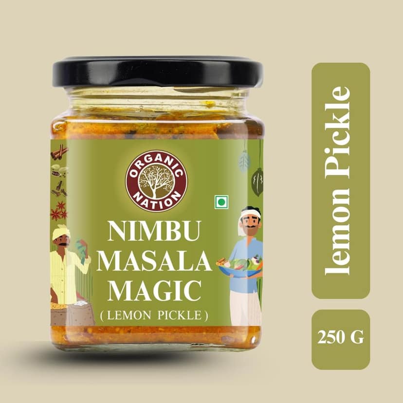 Organic Nation Lemon Pickle� Nimbu ka achar| Homestyle Taste with Traditional Recipe | 100% Natural & Preservative-Free | Traditional Indian Achar | Tangy & Spicy Flavour 250g view 2