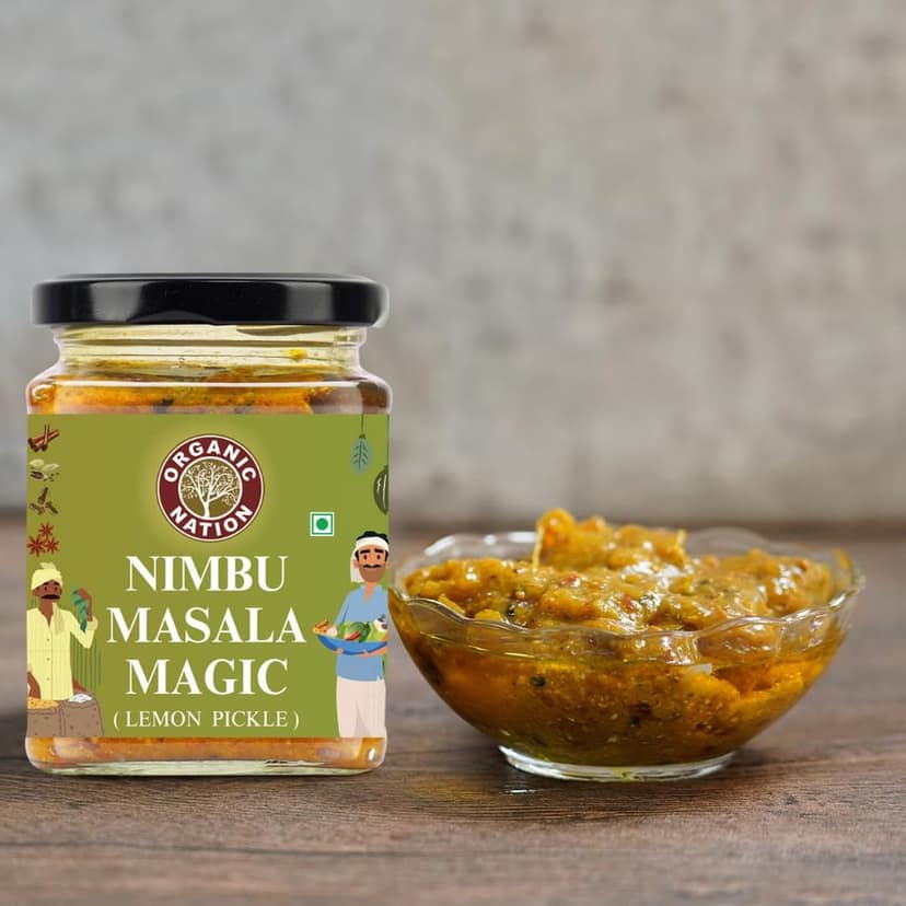 Organic Nation Lemon Pickle� Nimbu ka achar| Homestyle Taste with Traditional Recipe | 100% Natural & Preservative-Free | Traditional Indian Achar | Tangy & Spicy Flavour 250g view 3