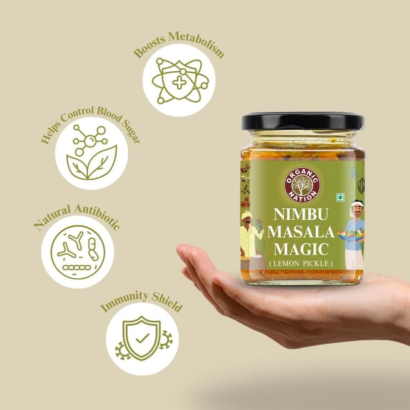 Organic Nation Lemon Pickle� Nimbu ka achar| Homestyle Taste with Traditional Recipe | 100% Natural & Preservative-Free | Traditional Indian Achar | Tangy & Spicy Flavour 250g view 6