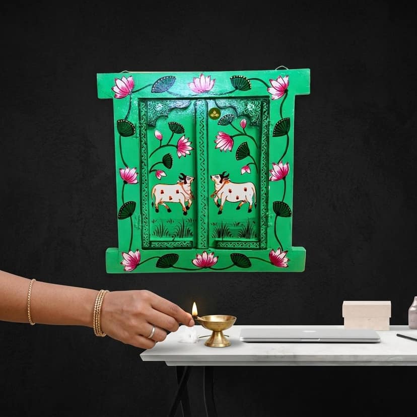 Hand Painted Pichwai Art Wooden Green Color Jharokha