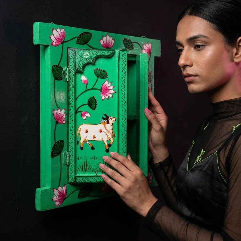 Hand Painted Pichwai Art Wooden Green Color Jharokha view 2