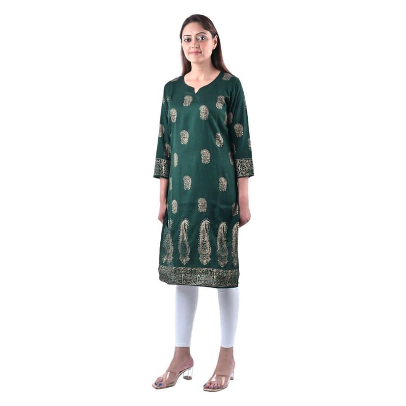 Women's Rayon Cotton Mix Fabric Slint Stylish Hand Block Printed Kurti Green view 3