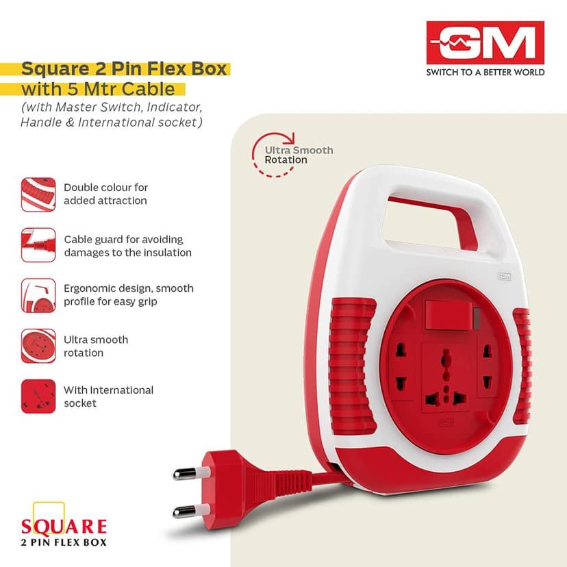 GM 3040 240V Square 2 Pin Flex Box 5 Metre with Handle, Indicator & International Socket (Red and White) view 2