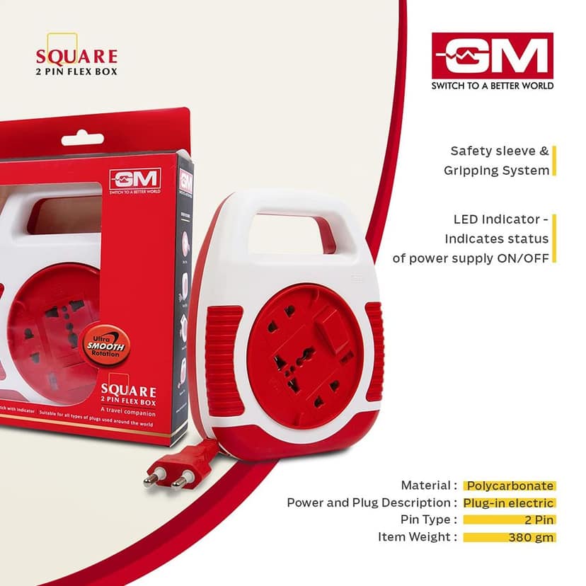 GM 3040 240V Square 2 Pin Flex Box 5 Metre with Handle, Indicator & International Socket (Red and White) view 3