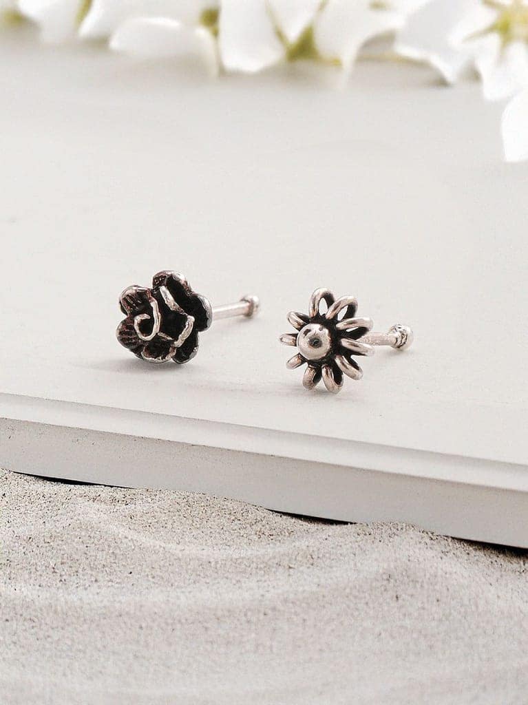 Combo of 2 Nose Pin 925 Sterling Silver Oxidised Rose & Flower Studds Nose Pin