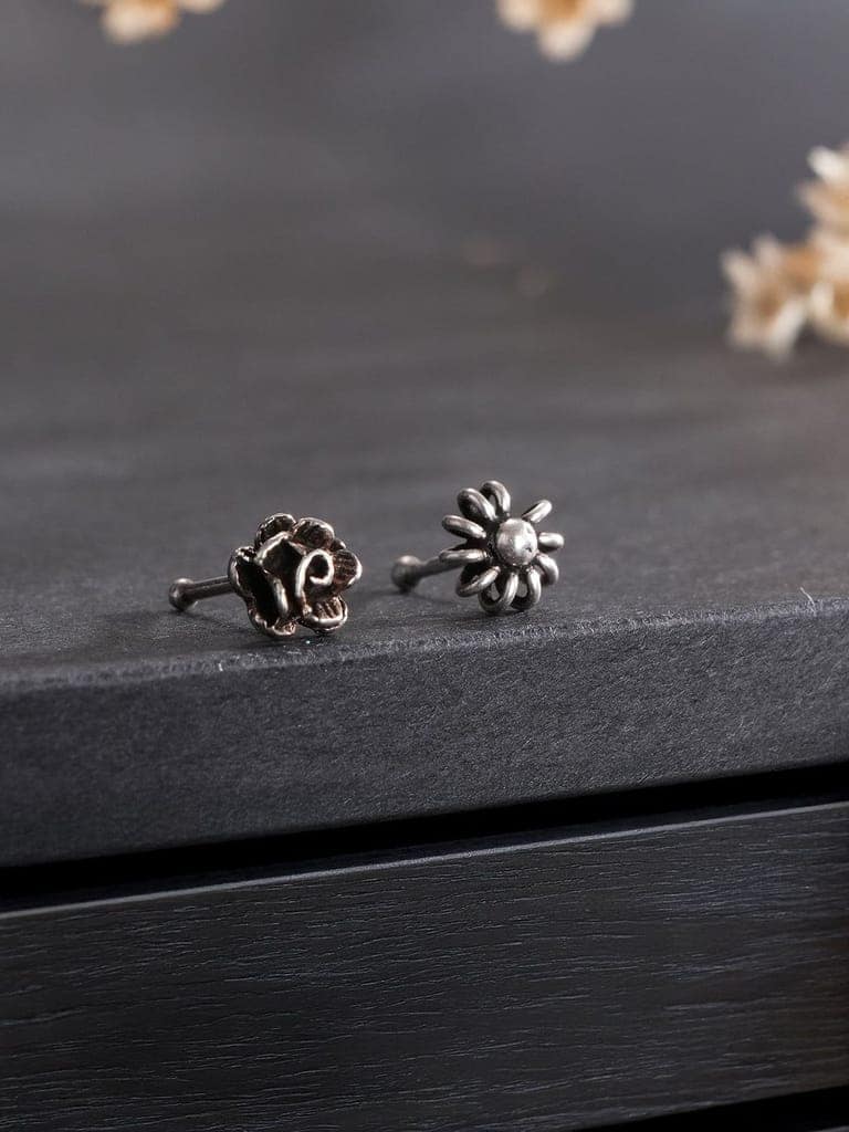 Combo of 2 Nose Pin 925 Sterling Silver Oxidised Rose & Flower Studds Nose Pin view 3