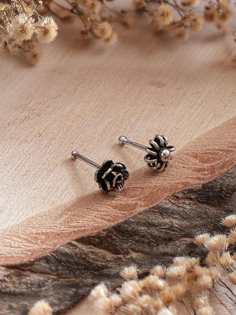 Combo of 2 Nose Pin 925 Sterling Silver Oxidised Rose & Flower Studds Nose Pin view 5