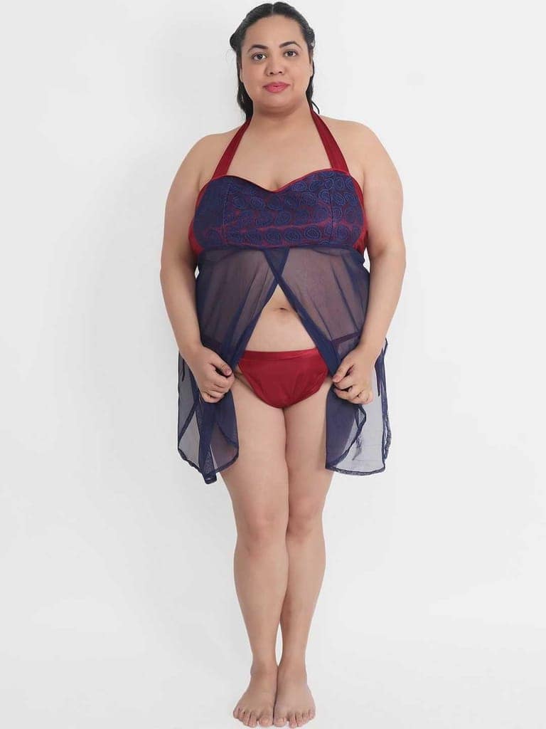 Plus Size Sexy Maroon Babydoll Bikini Dress with Panty for Honeymoon BB33M view 4
