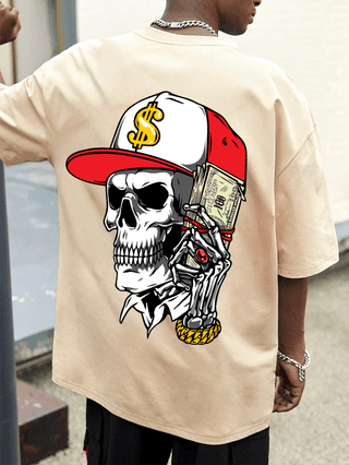 SCOTT FINCHER Men's Casual Hip Hop T-Shirt with Skull Graphic and Money Print : AA(ARN)CREAM_196