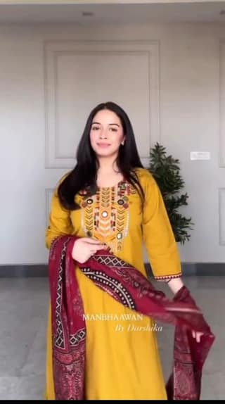 Women's Red Embroidered Cotton Kurta Set with Printed Dupatta
