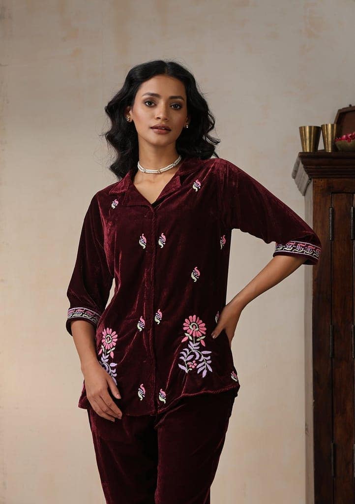 Velvet Chikankari Solid Women's 2 PC Co-ord Set - Maroon view 2