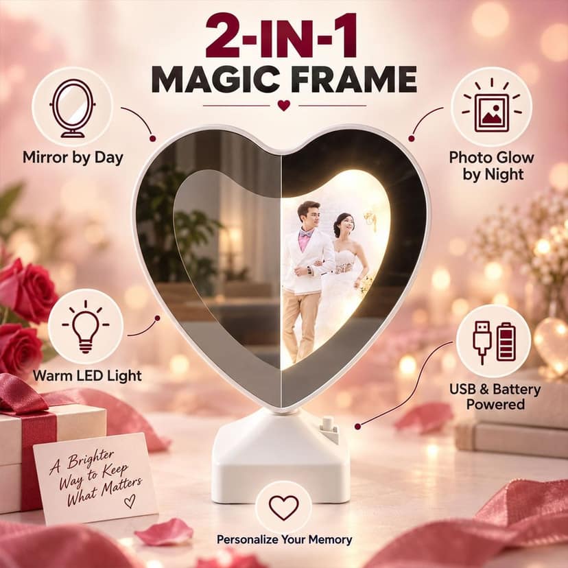 Heart Shape LED Mirror Photo Frame with Warm Light for Tabletop Home Decor view 2