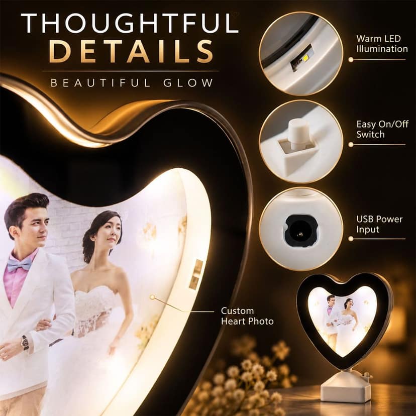 Heart Shape LED Mirror Photo Frame with Warm Light for Tabletop Home Decor view 3