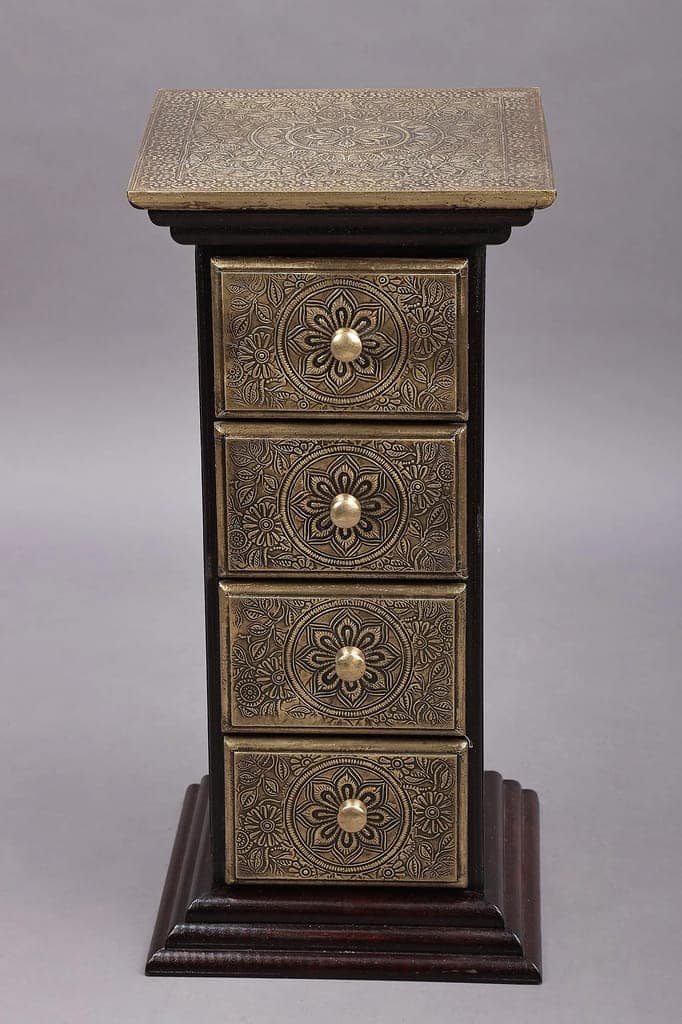Wood To Cart® Wooden And Brass Drawer Chest, Side Table, End Table, Storage With 4 Drawers, Handmade Indian Ethnic Style(11x11x22") view 2