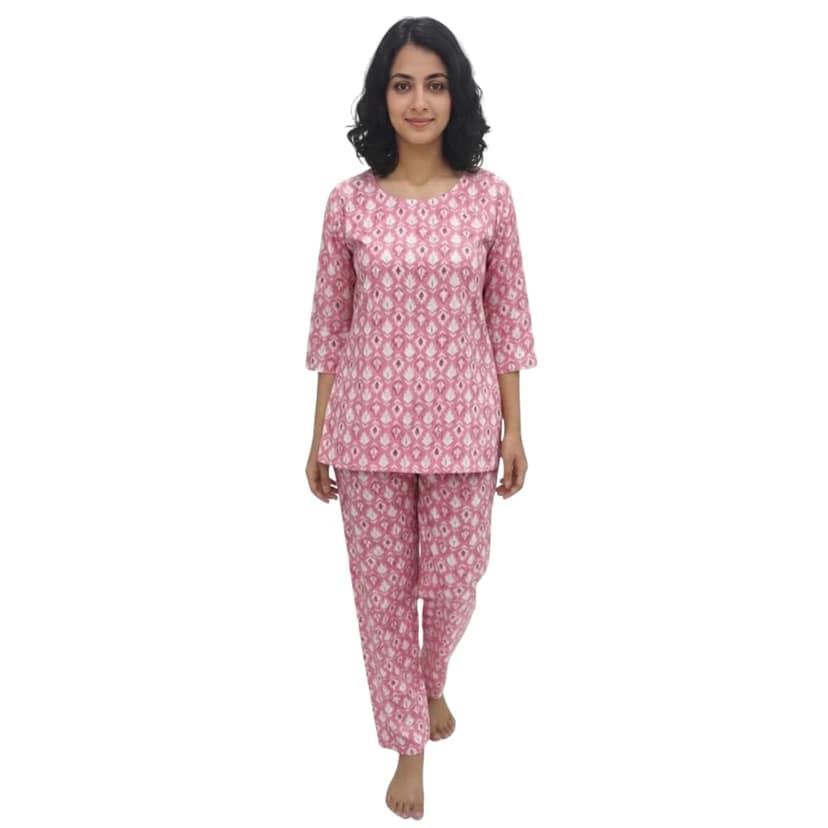 Mom and Me Women's Cotton Printed Co-ord Set, 3/4 Sleeve Kurta with Pyjama, Round Neck Nightwear, Available in Grey, Yellow, Green, Pink (Pink, XXL)