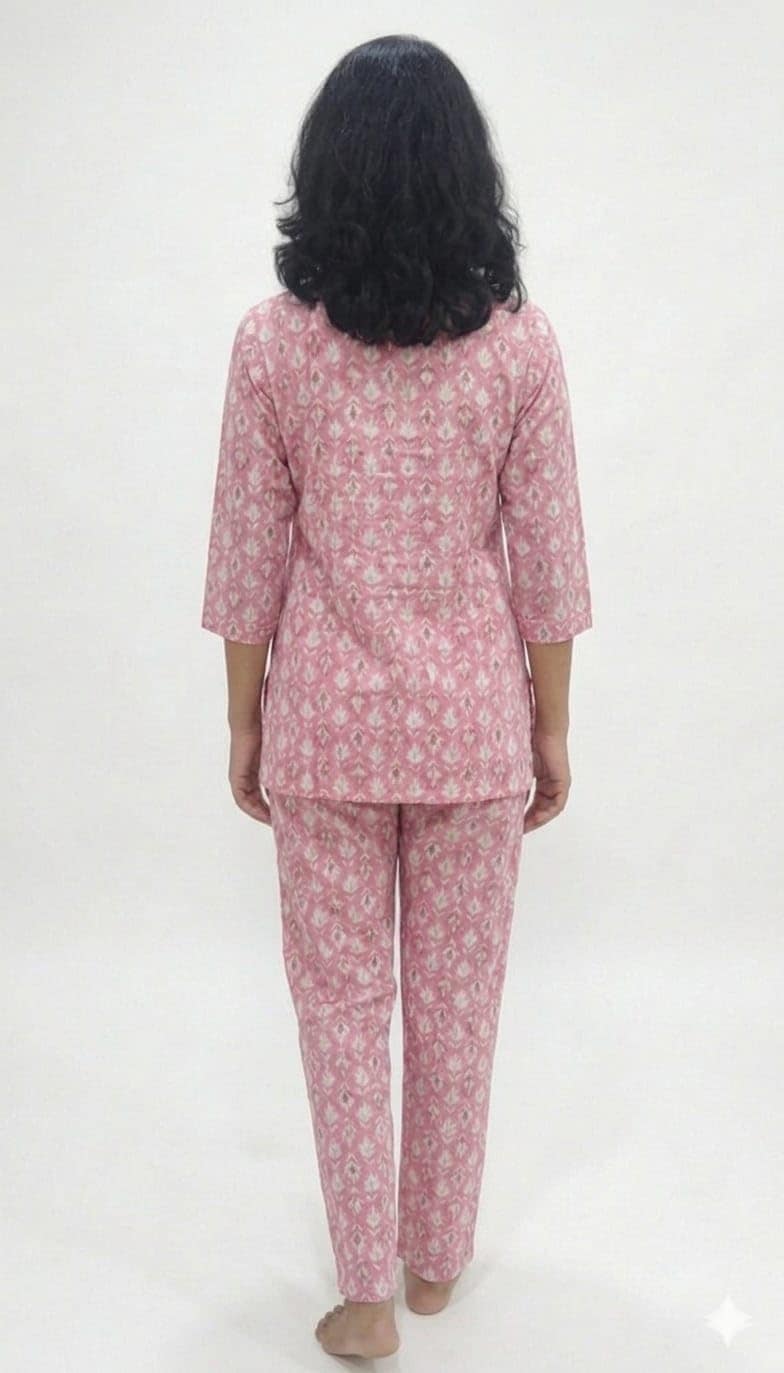 Mom and Me Women's Cotton Printed Co-ord Set, 3/4 Sleeve Kurta with Pyjama, Round Neck Nightwear, Available in Grey, Yellow, Green, Pink (Pink, XXL) view 2