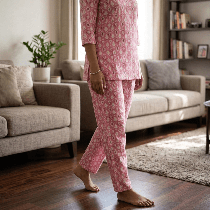 Mom and Me Women's Cotton Printed Co-ord Set, 3/4 Sleeve Kurta with Pyjama, Round Neck Nightwear, Available in Grey, Yellow, Green, Pink (Pink, XXL) view 3