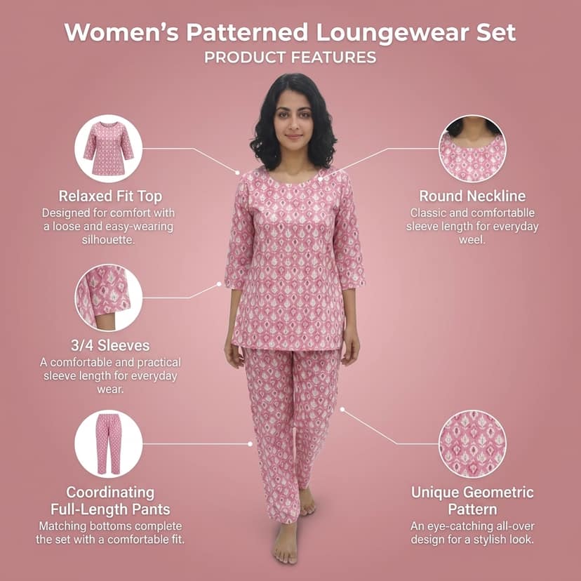 Mom and Me Women's Cotton Printed Co-ord Set, 3/4 Sleeve Kurta with Pyjama, Round Neck Nightwear, Available in Grey, Yellow, Green, Pink (Pink, XXL) view 4