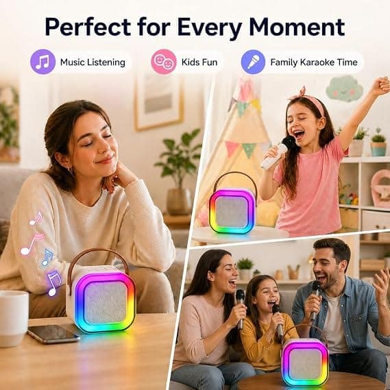 All-in-One Karaoke Machine with Wireless Microphone, Portable Bluetooth Speaker, RGB Dancing Lights & Voice Effects – Pink view 4