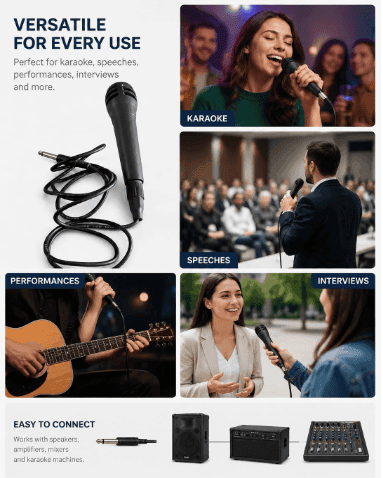 Mick Professional Wired Dynamic Microphone with 6.35mm Plug, Cardioid Polar Pattern, Clear Vocal Sound for Karaoke, Singing, Live Performance, Podcasting, Speeches & Public Address Systems view 4
