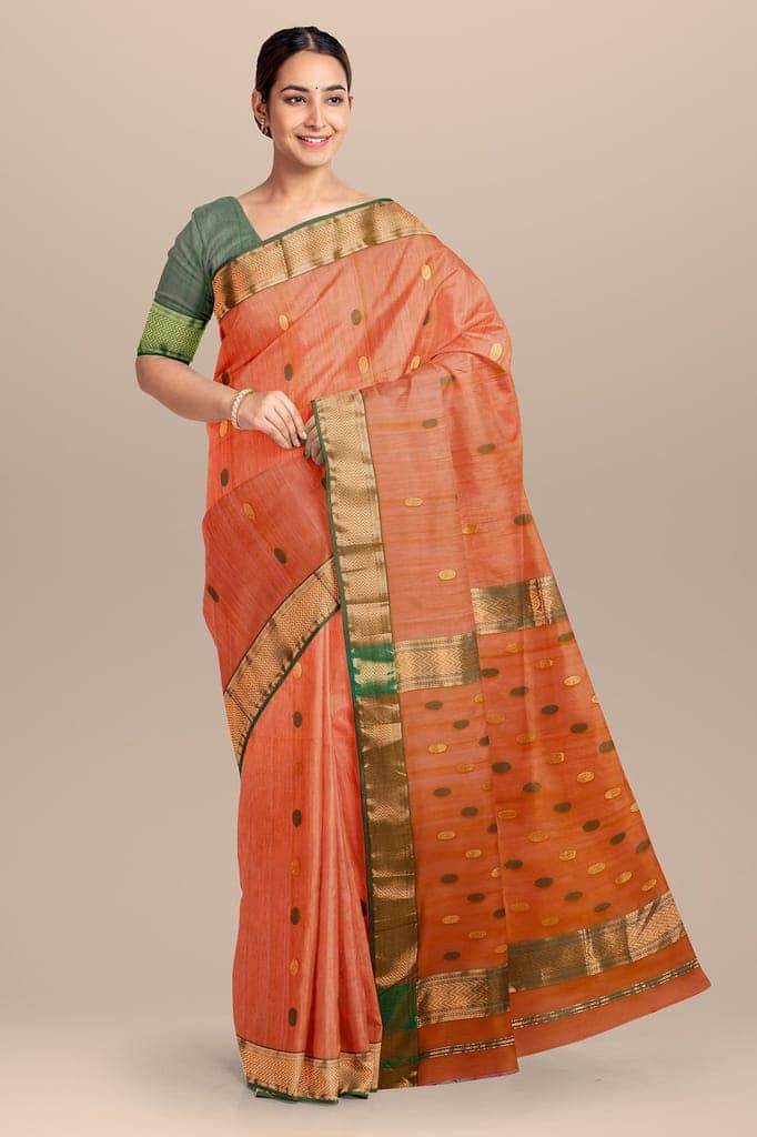 Yam Orange Rudraksh Buti Handwoven Maheshwari Silk with Zari Border Saree SKU-BS10106