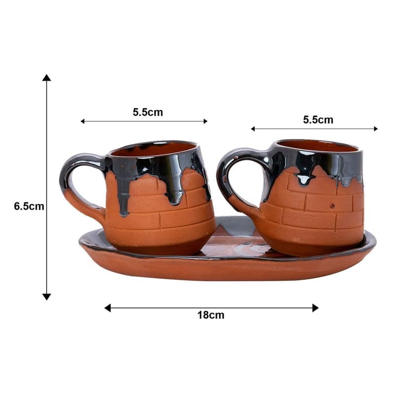 Sowpeace Handcrafted Terracotta tea cup set with oval trey “Cup of mornings” for kitchen and dining, premium artisan made utensils as serveware, for gift view 2