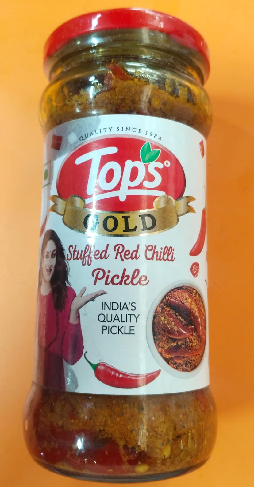 Tops gold stuffed red chilli pickle 375 g