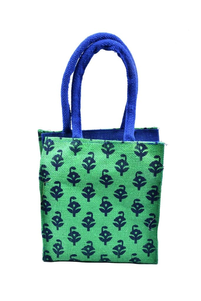 Green Jute Tote Bag with Blue Floral Print