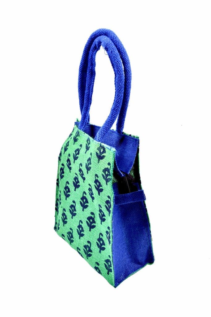 Green Jute Tote Bag with Blue Floral Print view 2