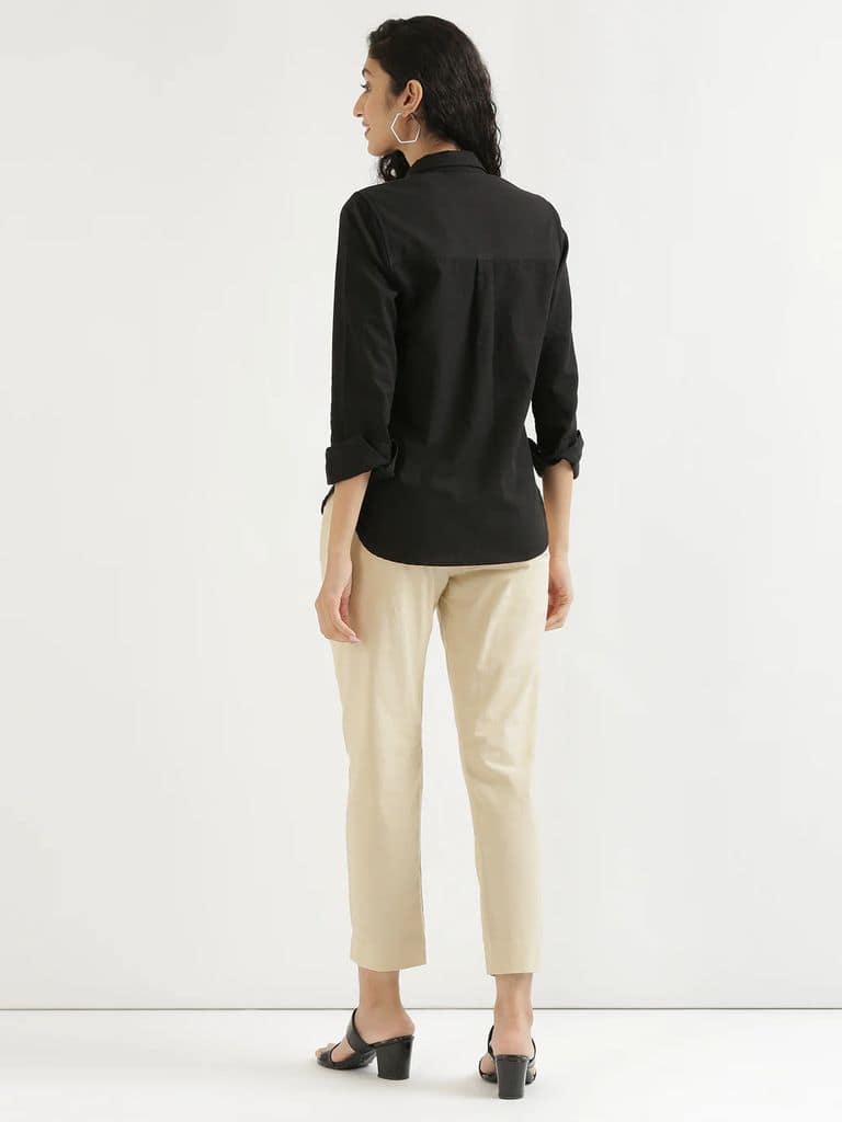 Women's Black Solid Shirt With Beige Top view 3