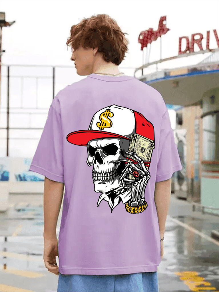 SCOTT FINCHER Men's Streetwear Hip Hop T-Shirt with Skull Graphic and Money Print in Purple : AA(ARN)LAVANDER_202