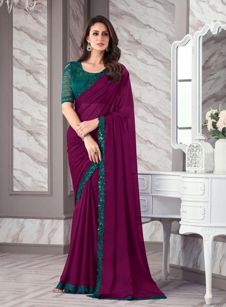 Embroidered Border Satin Georgette Saree in Purple