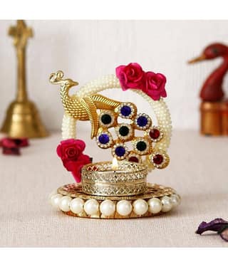 eCraftIndia Gold & White Metal Peacock With Stones Handcrafted Tea Light Holder