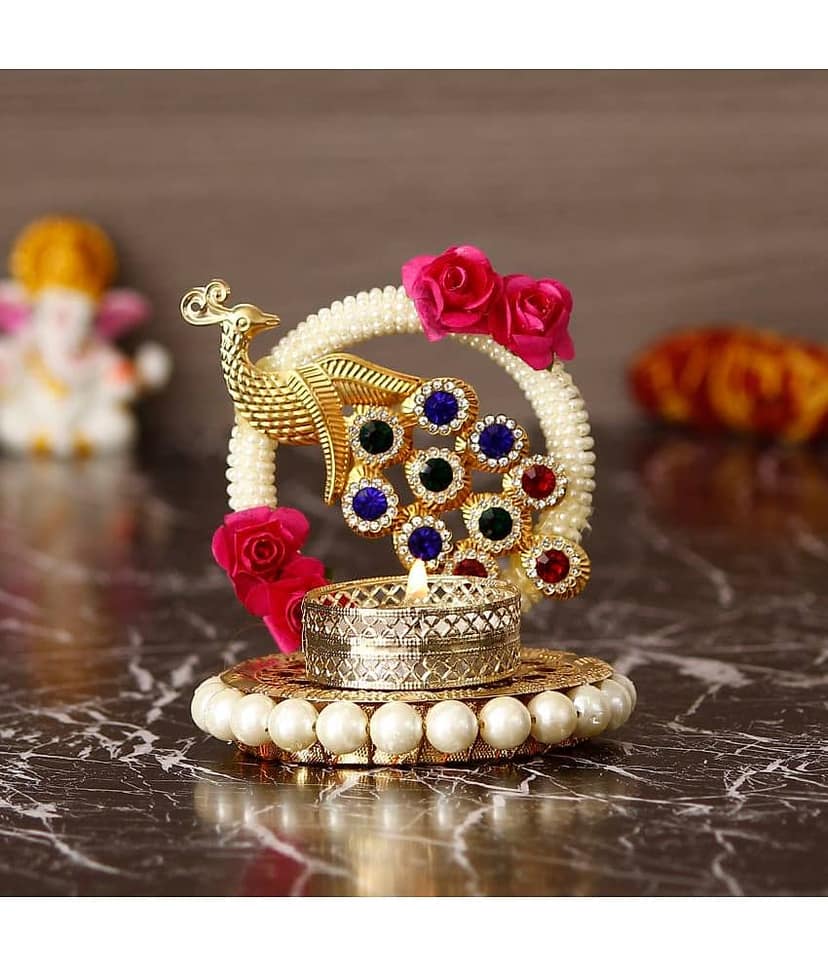 eCraftIndia Gold & White Metal Peacock With Stones Handcrafted Tea Light Holder view 2