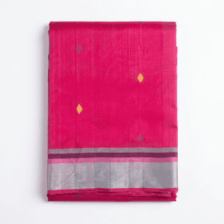 Handwoven Pink Cotton Saree with Golden Bhutis & Silver Border