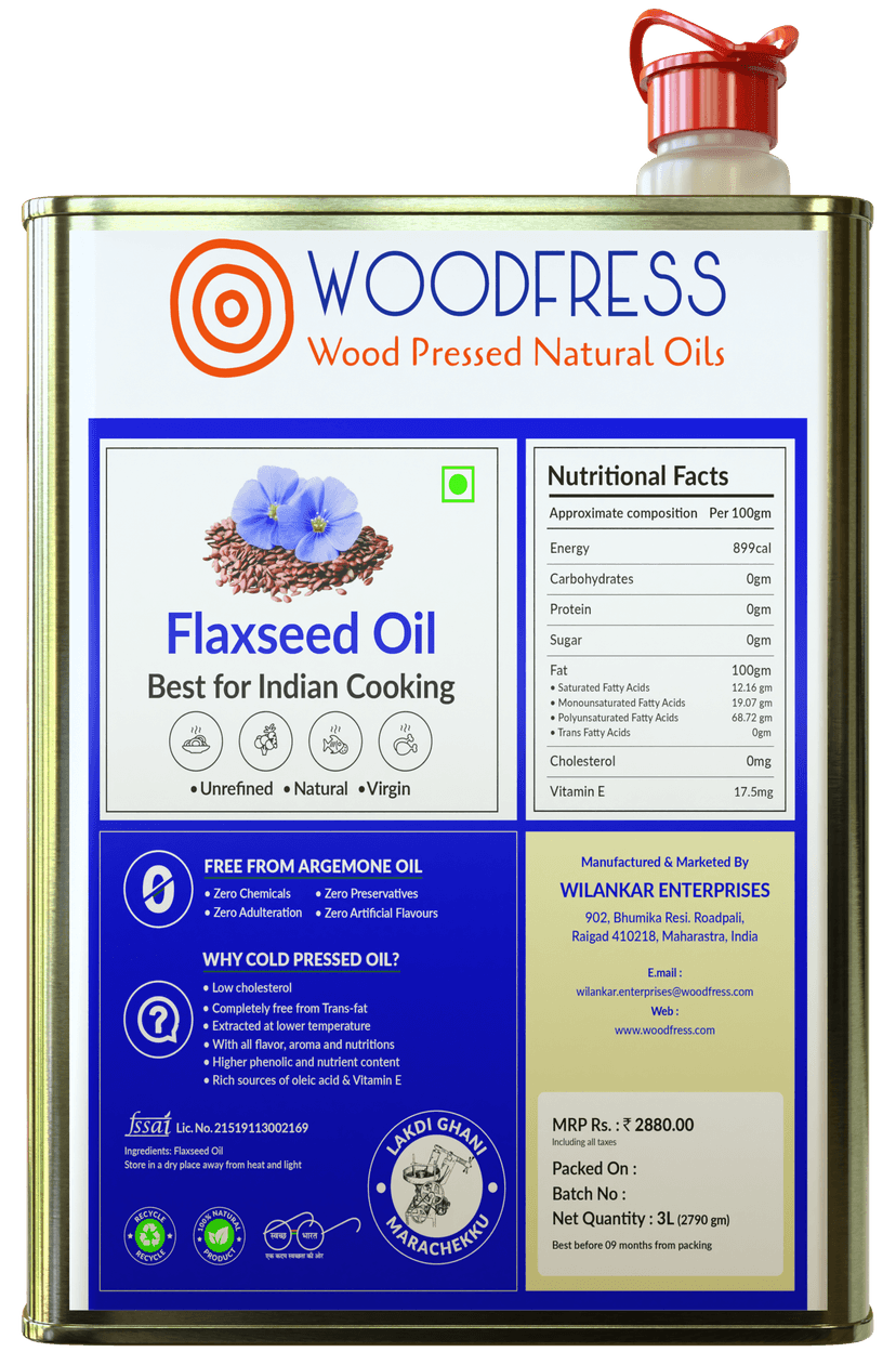 WOODFRESS Flaxseed Oil Cold Pressed - 3 Litre, Omega 3 Alsi Oil, Linseed Oil, Javas/Jawas Alsi ka Tel for Cooking, Wood Pressed Flax Seed Oil - 3L view 2